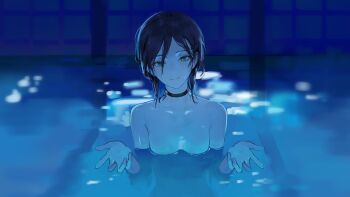 1girl absurdres black_choker black_hair breasts breasts_apart chainsaw_man choker collarbone green_eyes highres looking_at_viewer ma0_9nu medium_breasts night nude pool reaching reaching_towards_viewer reze_(chainsaw_man) scene_reference sidelocks smile solo water wet