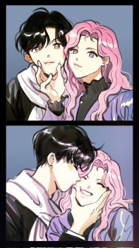 1boy 1girl black_hair blush brown_eyes closed_eyes grin hand_on_another's_chin hand_on_another's_face hetero highres hood hood_down hoodie jacket kiss kissing_cheek lips looking_at_viewer mole mole_under_mouth moo9mom multiple_views original parted_bangs portrait puckered_lips purple_eyes purple_hair sequential smile turtleneck wavy_hair