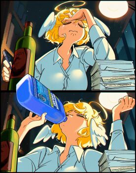 1girl angel antifreeze artist_name blonde_hair bookshelf bottle breasts closed_eyes closed_mouth collared_shirt commentary crying desk_lamp drinking english_commentary english_text gabi_(snegovski) halo_ahoge head_wings highres holding holding_pen indoors lamp night original paper_stack partially_unbuttoned pen shirt signature snegovski teardrop white_shirt window wine_bottle wings