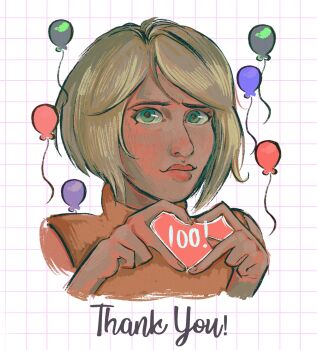 Rule 34 | 1girl, ashley graham, balloon, blonde hair, celebration, commentary, english commentary, green eyes, heart, heart hands, highres, omeletteotter, orange shirt, resident evil, resident evil 4, shirt, short hair, sleeveless, sleeveless turtleneck, smile, thank you, turtleneck