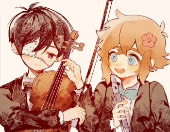 2boys antenna_hair basil_(faraway)_(omori) basil_(omori) black_bow black_bowtie black_eyes black_hair blonde_hair blue_bow blue_bowtie blue_eyes blush bow bowtie bright_pupils closed_mouth commentary_request double-parted_bangs eyepatch flower flute grey_background hair_between_eyes hair_flower hair_ornament highres holding holding_flute holding_instrument holding_violin instrument long_sleeves looking_at_another male_focus multiple_boys omori open_mouth short_hair sidelocks simple_background smile spoilers sunny_(omori) teeth totemo_sindo tuxedo upper_teeth_only violin white_pupils