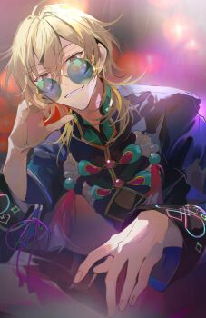 1boy arm_support bent_over black_pants blonde_hair blue_jacket brown_background brown_hair clothing_cutout commentary_request cowboy_shot ensemble_stars! foreshortening from_below glasses glint green-tinted_eyewear grin hakaze_kaoru hand_on_own_cheek hand_on_own_face high_collar highres jacket kaoso lens_flare looking_at_viewer medium_hair official_alternate_costume pankou pants purple_ribbon rain ribbon round_eyewear sitting sleeve_cuffs sleeve_ribbon smile solo stomach_cutout tassel tinted_eyewear wolf_cut yellow-framed_eyewear