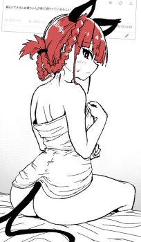 1girl akure_ekuto animal_ears ass blush braid cat_ears cat_girl cat_tail closed_mouth commentary_request extra_ears from_behind highres kaenbyou_rin looking_at_viewer looking_back multiple_tails naked_towel red_hair sitting solo sweatdrop tail touhou towel twin_braids two_tails