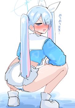 Rule 34 | 1girl, arona (blue archive), arona (blue archive) (cosplay), bagaponchi, blue archive, blue eyes, blue hair, blue halo, blue shirt, blush, colored inner hair, commentary request, cosplay, from behind, full body, general student council president (blue archive), hair over one eye, halo, highres, long hair, long sleeves, looking at viewer, looking back, multicolored hair, open mouth, panties, pink hair, shirt, skirt, solo, squatting, translation request, twintails, underwear, very long hair, white skirt