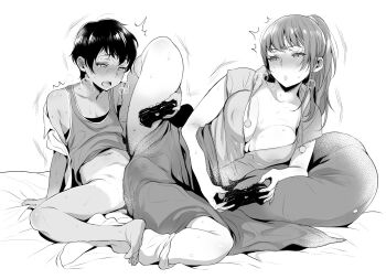 1boy 1girl :o age_difference bad_id barefoot bed_sheet blanket blush breasts breath cleavage clothed_sex clothing_aside controller convenient_censoring drooling game_controller gamepad greyscale groin half-closed_eyes hetero high_ponytail highres inari_(inariya) large_breasts monochrome multitasking navel no_bra onee-shota open_mouth pillow playing_games ponytail saliva sex sheet_grab shorts shorts_aside shorts_tan shota socks spread_legs sweat tan tank_top tanline