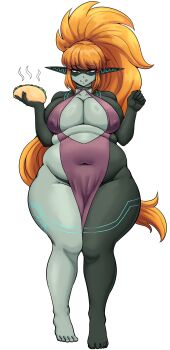 1girl bare_shoulders barefoot breasts chocofl4n choker cleavage covered_erect_nipples covered_navel curvy female_focus full_body highres huge_breasts licking_lips long_hair looking_at_viewer midna multicolored_skin nintendo no_panties orange_hair plump pointy_ears ponytail red_eyes solo taco the_legend_of_zelda the_legend_of_zelda:_twilight_princess thick_thighs thighs tongue tongue_out two-tone_skin very_long_hair wide_hips