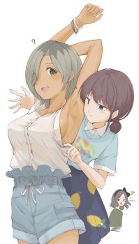 3girls ? armpits blue_eyes bow bracelet breasts commentary_request ebizuka_tomo fj5fq88gsv84580 girls_band_cry grey_hair hair_bow hair_over_one_eye highres iseri_nina jealous jewelry large_breasts looking_at_armpits medium_hair mole mole_under_eye multiple_girls open_mouth red_hair rupa_(girls_band_cry) shirt short_hair shorts sideboob simple_background skirt smile t-shirt white_background yellow_eyes yuri