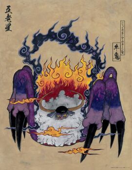 1boy alternate_form arthropod_boy artist_logo beard black_hat black_horns claws colored_sclera colored_skin dreadlocks facial_hair fine_art_parody full_body grey_skin hagoromo hat highres horns jaygarcia_saturn logo looking_at_viewer monster_boy mustache nihonga official_art one_piece parody red_eyes saturn_symbol shawl solo spider_boy thick_beard translation_request ukiyo-e ushi-oni_(youkai) white_hair yellow_sclera