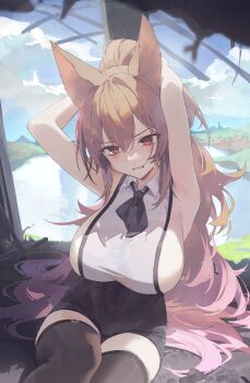 1girl absurdres animal_ears armpits arms_behind_head arms_up artist_request bare_arms bare_shoulders black_shorts black_thighhighs bow bowtie breasts clenched_teeth collared_shirt commission covered_navel ellin_meiji fox_ears hair_between_eyes high-waist_shorts highres large_breasts long_hair looking_at_viewer orange_hair original ponytail red_eyes second-party_source shirt short_shorts shorts sideboob sitting sleeveless sleeveless_shirt solo sweat teeth thighhighs v-shaped_eyebrows very_long_hair white_shirt