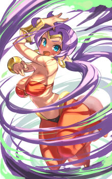 Rule 34 | 1girl, arabian clothes, arms up, bandeau, bare shoulders, blue eyes, bracer, breasts, choker, cleavage, commentary request, cowboy shot, dark-skinned female, dark skin, earrings, gold bracer, gold tiara, hand up, harem outfit, harem pants, high ponytail, highres, hoop earrings, jewelry, life is pi, long hair, midriff, navel, o-ring, o-ring top, open mouth, pants, pointy ears, ponytail, purple hair, red bandeau, shantae, shantae (series), simple background, smile, solo, tiara, very long hair