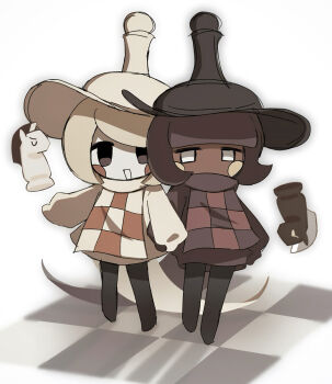 2others black_eyes blonde_hair blush_stickers board_game brown_hair checkered_clothes chess chess_piece chessboard cookie_run cookie_run:_kingdom dark_skin hakutouyu hat highres knight_(chess) long_sleeves multiple_others pale_skin pawn_(chess) pawn_black_cookie pawn_white_cookie short_hair siblings twins white_background white_eyes