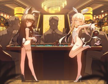 2girls 5boys absurdres alcohol animal_ear_fluff animal_ear_hairband animal_ears ass bandaid bandaid_on_leg black_hair black_leotard black_shoes blonde_hair blue_eyes bow bowtie braid breasts bun_with_braided_base casino casino_card_table cat_tail closed_eyes cocktail_glass collared_shirt commentary commission covered_navel cup detached_collar domado dress_shirt drinking_glass facial_hair facial_mark fake_animal_ears fake_tail flat_chest grin hair_bun hairband heart heart_facial_mark high_heels highleg highleg_leotard highres holding holding_tray indoors leotard long_hair looking_at_viewer multiple_boys multiple_girls mustache neck oc_(atj7359) one_eye_closed original outstretched_arm pixiv_commission playboy_bunny pointy_ears poker_chip pumps rabbit_ear_hairband rabbit_ears rabbit_tail red_bow red_bowtie red_eyes second-party_source shirt shoes short_hair sitting slot_machine small_breasts smile standing standing_on_one_leg strapless strapless_leotard table tail thigh_strap tray twintails v very_long_hair white_leotard white_shoes white_wrist_cuffs wrist_cuffs