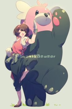 1girl bewear breasts brown_eyes brown_hair crossover echo_(circa) full_body gen_7_pokemon gensou_suikoden gensou_suikoden_ii gloves hairband medium_breasts nanami_(suikoden) nintendo open_mouth pants pokemon pokemon_(creature) shirt short_hair simple_background smile