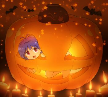 1girl :d animal antenna_hair bat_(animal) bowl candle commentary_request fire food hair_between_eyes halloween highres implied_nudity in_food jack-o'-lantern looking_at_viewer mini_person minigirl nude open_mouth purple_hair red_eyes shirosato smile solo star_(symbol) sukuna_shinmyoumaru touhou