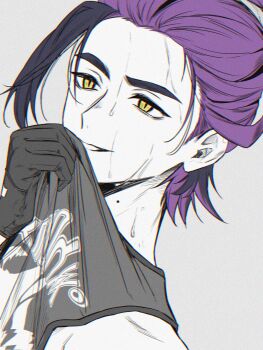 00kashian00 1boy aged_up commentary_request dutch_angle gloves greyscale heart highres kieran_(pokemon) male_focus mole mole_on_neck monochrome nintendo pokemon pokemon_sv portrait purple_hair slit_pupils smile solo spoken_heart tank_top two_side_up wiping_sweat yellow_eyes