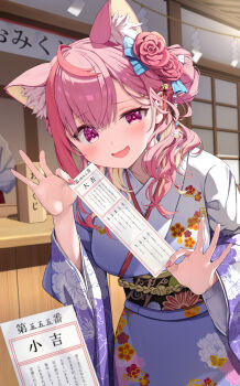 1girl 1other :d ahoge alternate_costume black_sash cat_girl commentary_request day extra_ears floral_print floral_print_kimono flower hair_bun hair_flower hair_ornament highres holding holding_omikuji indie_virtual_youtuber japanese_clothes kimono looking_at_viewer medium_hair nail_polish obi omikuji open_mouth pink_hair pink_nails pov print_kimono purple_eyes purple_kimono sash single_hair_bun smile solo summer_tail720 translation_request virtual_youtuber wide_sleeves yuuki_sakuna