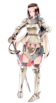 1girl armor armored_boots armored_skirt bangs_pinned_back belt boots breastplate brown_belt brown_hair brown_thighhighs cape chainmail circlet closed_mouth frown full_body gauntlets grey_eyes kiryuu_tsukasa_(citrocube) knight_(ragnarok_online) large_variant_set looking_at_viewer official_art pauldrons pommel ragnarok:_guild_masters ragnarok_online saber_(weapon) short_hair shoulder_armor simple_background solo spurs standing sword thighhighs transparent_background v-shaped_eyebrows variant_set weapon white_cape