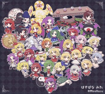 6+girls :d :o ;) adjusting_eyewear alice_margatroid alice_margatroid_(pc-98) annotation_request artist_name asakura_rikako barefoot black_pants blonde_hair blue_dress blue_neckerchief blue_ribbon blue_sailor_collar blush book bow bowtie braid brown_horns brown_shoes checkered_background chibi chibi_only closed_mouth coat collared_shirt commentary_request dress elis_(touhou) ellen_(touhou) elly_(touhou) everyone evil_eye_sigma ex-rika frilled_dress frills full_body gengetsu_(touhou) genjii_(touhou) glasses gohei green_eyes green_hair grey_hair hair_bow hair_ribbon hair_tubes hakama hakama_pants hakurei_reimu hakurei_reimu_(pc-98) hat hat_ribbon highres holding holding_book holding_gohei holding_polearm holding_weapon horns japanese_clothes kana_anaberal kazami_yuuka kikuri_(touhou) kimono kirisame_marisa kirisame_marisa_(pc-98) kitashirakawa_chiyuri konngara_(touhou) kotohime_(touhou) kurumi_(touhou) long_hair long_sleeves looking_at_viewer louise_(touhou) mai_(touhou) meira_(touhou) mima_(touhou) mirei_(miirei) mugetsu_(touhou) multiple_girls multiple_wings neckerchief okazaki_yumemi one_eye_closed one_side_up open_mouth orange_(touhou) orb outline pants plaid_clothes plaid_vest polearm purple_eyes purple_hair purple_wings red_bow red_dress red_eyes red_hair red_hakama red_ribbon red_shoes red_vest rengeteki_(touhou) ribbon rika_(touhou) sailor_collar sara_(touhou) sariel_(touhou) shingyoku_(female) shingyoku_(male) shingyoku_(touhou) shinki_(touhou) shirt shoes short_hair short_sleeves shorts smile socks standing the_5_magic_stones_(touhou) touhou touhou_(pc-98) trident twitter_username vest weapon white_coat white_hat white_kimono white_outline white_ribbon white_shirt white_shorts white_socks wings yellow_bow yellow_bowtie yellow_eyes yin_yang yin_yang_orb yuki_(touhou) yumeko_(touhou) yuugenmagan