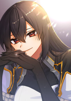 1girl black_gloves black_hair breasts closed_mouth commentary_request dated gloves hair_between_eyes highres jewelry kantai_collection long_hair machi_(ritovoyage) nagato_(kancolle) nagato_kai_ni_(kancolle) own_hands_together partially_fingerless_gloves red_eyes ring simple_background solo twitter_username upper_body wedding_ring