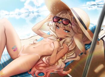 1girl :3 absurdres alternate_breast_size_(smaller) animal_ears bandaid_on_thigh beach_chair bell bikini_tan blonde_hair breasts chair cleft_of_venus closed_mouth commentary commission completely_nude crossed_bandaids day deck_chair english_commentary eyewear_on_head film_grain fingernails folding_chair from_side grey_eyes hair_intakes hair_ornament hat highres kiari_art knee_up lens_flare loli long_fingernails long_hair looking_at_viewer lying mole mole_on_thigh multiple_moles nail_polish navel neck_bell nipples nude nudist on_back outdoors pussy rabbit-shaped_pupils rabbit_ears rabbit_hair_ornament shibi_cottonbum small_breasts smile solo star_(symbol) star_hair_ornament sun_hat sunglasses symbol-shaped_pupils tan tanline too_many_hair_ornaments uncensored vallure variant_set virtual_youtuber x_hair_ornament