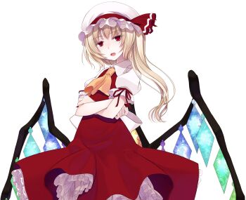 Rule 34 | 1girl, ascot, back bow, blonde hair, bow, center frills, collared shirt, commentary request, cowboy shot, cropped vest, crossed arms, crote, crystal wings, flandre scarlet, frilled shirt collar, frilled skirt, frilled sleeves, frills, hat, hat ribbon, highres, large variant set, layered skirt, long hair, long skirt, looking at viewer, mob cap, open mouth, puffy short sleeves, puffy sleeves, red eyes, red ribbon, red skirt, red vest, ribbon, shirt, short sleeves, side ponytail, skirt, sleeve ribbon, solo, tachi-e, teeth, touhou, transparent background, upper teeth only, variant set, vest, white bow, white hat, white shirt, wing collar, wings, yellow ascot