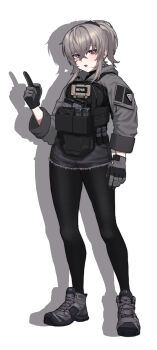 1girl absurdres ammunition_pouch black_pantyhose black_scrunchie black_sweater boots breasts bt_(user_udwc7853) buckle bulletproof_vest commentary english_commentary fang full_body gloves grey_boots grey_gloves grey_hair grey_jacket grey_shorts high_ponytail highres hood hood_down hooded_jacket jacket load_bearing_vest long_sleeves magazine_(weapon) medium_breasts medium_hair mole mole_under_eye open_mouth original pantyhose pointing pointing_up ponytail pouch purple_eyes scar scar_on_face scrunchie short_shorts shorts simple_background snap-fit_buckle sweat sweater tactical_clothes white_background