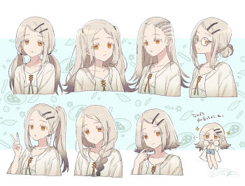 1girl bespectacled blonde_hair braid camisole chibi collarbone colored_eyelashes commentary cropped_torso flipped_hair forehead gakuen_idolmaster glasses gradient_hair grey_hair hair_bun hair_ornament hair_over_shoulder hairclip highres idolmaster long_hair looking_ahead looking_at_viewer multicolored_hair multiple_hairstyles multiple_views orange_eyes papelnln parallel_hairclips parted_bangs ponytail robe round_eyewear shinosawa_hiro short_hair single_hair_bun smile swept_bangs translated twintails two_side_up upper_body v very_long_braid very_long_hair white_camisole white_robe