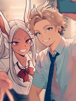 1boy 1girl animal_ears black_necktie black_skirt blonde_hair blurry blurry_background boku_no_hero_academia bow bowtie collared_shirt commentary_request earrings facial_hair grin hawks_(boku_no_hero_academia) highres holding holding_phone jewelry konbu_babu long_hair mirko necktie parted_bangs parted_lips phone rabbit_ears rabbit_girl red_bow red_bowtie red_eyes selfie shirt short_hair short_sleeves skirt smile striped_clothes striped_necktie taking_picture teeth upper_body v white_hair white_shirt yellow_eyes