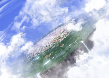 amairo_islenauts blue_sky city cloud commentary_request day dutch_angle floating_island from_above highres no_humans outdoors scenery shrimp_3 sky water waterfall
