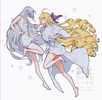 2girls barefoot blonde_hair bow commentary drill_hair from_side full_body hair_bow highres holding holding_knife knife long_hair looking_at_another mishiro_(shiboyugi) multiple_girls murasaki_pomeranian naked_towel purple_bow shibou_yuugi_de_meshi_wo_kuu. simple_background symbol-only_commentary towel white_background white_hair yuuki_(shibou_yuugi)