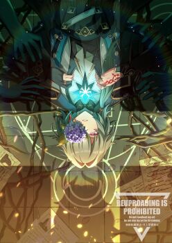 Rule 34 | 1boy, absurdres, anaxa (honkai: star rail), aqua hair, ascot, black gloves, black jacket, chain, commentary request, earrings, flower, gem, gloves, hair between eyes, hair intakes, hand tattoo, highres, honkai: star rail, honkai (series), jacket, jewelry, lapels, male focus, mandarin collar, medium hair, notched lapels, one eye covered, papers, parted lips, partially fingerless gloves, pink eyes, purple flower, red gemstone, red tattoo, shadow, shiba (tonari no shiba inu), shirt, side ponytail, single earring, single glove, solo focus, tattoo, teeth, upper body, white ascot, white shirt