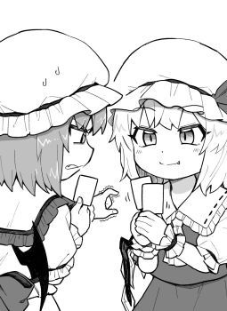 Rule 34 | 2girls, ascot, bat wings, card, closed mouth, collared shirt, commentary request, crystal, crystal wings, fang, fang out, flandre scarlet, frilled shirt collar, frills, greyscale, hat, hat ribbon, highres, holding, holding card, mob cap, monochrome, multiple girls, oninamako, playing games, remilia scarlet, ribbon, ribbon-trimmed collar, ribbon trim, shirt, siblings, sisters, skirt, smile, sweat, touhou, trembling, vest, wings, wrist cuffs
