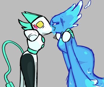 2girls animal_ears blue_hair cable cable_tail cat_ears cat_girl colored_sclera commentary deltarune electric_plug electric_plug_tail english_commentary freaky_frohicky furry furry_female hands_on_another's_shoulders highres kiss mechanical_tail miss_mizzle monster_girl multiple_girls rayman_limbs slime_girl tail tasque_manager utdr_(toby_fox) water yellow_sclera yuri