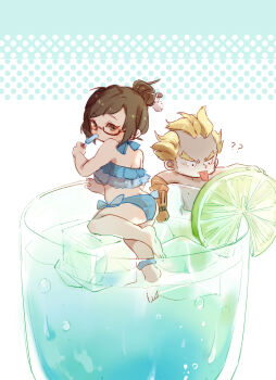 Rule 34 | 1boy, 1girl, ?, bikini, blonde hair, blue bikini, brown eyes, brown hair, chibi, chibi only, drink, fiery hair, food, food in mouth, frilled bikini, frills, fruit, glasses, hair bun, hair ornament, hair stick, highres, holding, holding food, holding popsicle, ice, ice cube, junkrat (overwatch), lemon, lemon slice, looking at viewer, luminous slime, mechanical arms, mei (overwatch), mini person, oversized object, overwatch, popsicle, popsicle in mouth, single hair bun, single mechanical arm, snowflake hair ornament, swimsuit, tongue, tongue out, topless male