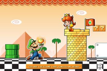 Rule 34 | 1boy, 1girl, blocks, brown hair, crown, curtains, dress, earrings, facial hair, flag, flower, flower earrings, jewelry, luigi, mario (series), mustache, netorare, nintendo, orange dress, palm tree, princess daisy, pyramid (structure), smile, smoking pipe, super mario bros. 3, super mario land, tomboy, tree