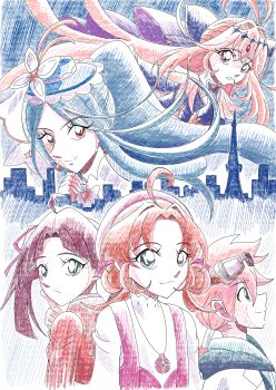 Rule 34 | 1boy, absurdres, akechi anna, antenna hair, aoyama goushou (style), black bow, black capelet, black dress, blonde hair, bow, brooch, brown hair, capelet, commentary request, cure arcana shadow, cure eclair, double-parted bangs, dress, frills, goggles, gradient hair, green eyes, hair bow, hair intakes, heart, heart brooch, highres, jett (human) (precure), jett (precure), jewelry, kobayashi mikuru, lab coat, long hair, looking at viewer, magical girl, meitantei conan, meitantei precure!, moria luluka, morishita (moricuremori), multicolored hair, open mouth, parody, precure, purple eyes, smile, style parody