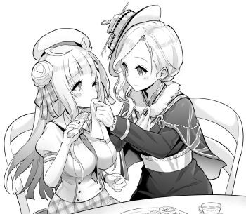 2girls ahoge ascot azur_lane azur_lane:_slow_ahead beret between_breasts blush braid breasts capelet chair closed_mouth collared_shirt commentary cup cygnet_(azur_lane) double_bun dress earrings eating eyelashes fish_(food) fish_and_chips food gloves greyscale hair_bun hair_ribbon hat holding holding_food holding_napkin hood_(azur_lane) hori_(hori_no_su) jewelry light_smile long_hair long_sleeves looking_at_another medium_breasts monochrome multiple_girls necktie necktie_between_breasts official_art on_chair one_eye_closed plaid_clothes plaid_ribbon plaid_skirt plate pleated_skirt puffy_short_sleeves puffy_sleeves ribbon saucer shirt short_sleeves simple_background sitting skirt table teacup tilted_headwear union_jack very_long_hair white_background wiping_mouth