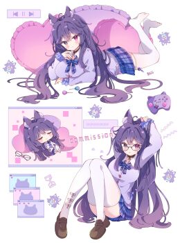 1girl absurdres ahoge animal_ear_fluff animal_ears black_choker blue_bow blue_bowtie blue_skirt blush bow bowtie breasts brown_shoes cat_ears cat_girl choker closed_eyes closed_mouth commentary commission convenient_leg full_body glasses heart heart-shaped_pillow heterochromia highres large_breasts loafers long_hair long_sleeves looking_at_viewer lying media_player_interface miniskirt no_shoes on_stomach original parted_lips pillow plaid_bow plaid_bowtie plaid_clothes plaid_skirt pleated_skirt purple_eyes purple_hair purple_sweater red_eyes shoes sitting skeb_commission skirt smile sweater the_pose thighhighs tsukiyo_(skymint) unworn_eyewear very_long_hair vrchat white_background white_thighhighs window_(computing) wing_collar