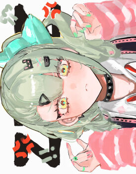 Rule 34 | 1girl, absurdres, anger vein, arm warmers, bandaid, bandaid hair ornament, blush, closed mouth, collar, commentary request, green eyes, green nails, hair ornament, hands up, heart, heart hair ornament, highres, looking at viewer, multicolored nails, multiple hair clips, necktie, pink arm warmers, pink nails, pof h0, portrait, red necktie, shirt, sideways, simple background, solo, striped arm warmers, sunna (zenless zone zero), white background, white shirt, zenless zone zero