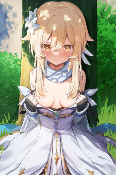 1girl against_tree bare_shoulders blonde_hair blush breasts clothes_pull commentary_request dappled_sunlight day detached_sleeves dress dress_pull elbow_gloves feather_hair_ornament feathers fingerless_gloves flower genshin_impact gloves gold_trim grass hair_between_eyes hair_flower hair_ornament highres kutar22 lily_(flower) looking_at_viewer lumine_(genshin_impact) medium_breasts outdoors scarf self_exposure short_hair_with_long_locks sidelocks sitting sleeveless sleeveless_dress solo sunlight tree white_dress white_flower white_gloves white_scarf white_sleeves yellow_eyes