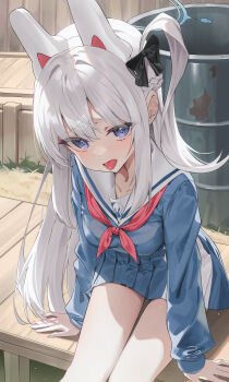 1girl absurdres animal_ears arm_support black_bow blue_archive blue_shirt blue_skirt blush bow braid commentary drum_(container) fake_animal_ears half_up_braid halo highres kerno looking_at_viewer miyako_(blue_archive) neckerchief one_side_up purple_eyes rabbit_ears red_neckerchief sailor_collar shirt sitting skirt solo thighs tongue tongue_out white_hair white_sailor_collar