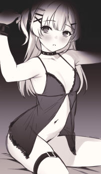 1girl belt blush bottomless breasts character_request choker cleavage collarbone commentary copyright_request deras english_commentary gradient_background hair_ornament hair_ribbon hairclip highres long_hair looking_at_viewer monochrome navel parted_lips ribbon sitting small_breasts solo thigh_belt thigh_strap underwear underwear_only x_hair_ornament