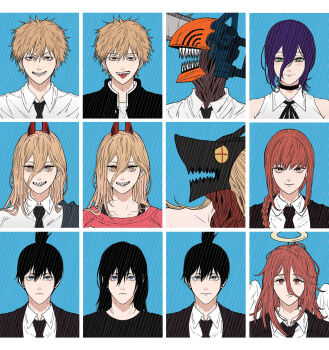 3boys 3girls alternate_form angel_devil_(chainsaw_man) angel_wings black_choker black_hair black_jacket blonde_hair blood_devil_(chainsaw_man) braid braided_ponytail chainsaw_man choker closed_mouth collared_shirt commentary demon_girl demon_horns feathered_wings green_eyes grey_eyes grin hair_between_eyes hair_down hair_over_shoulder halo hayakawa_aki highres horns jacket light_frown long_hair long_hair_between_eyes makima_(chainsaw_man) multiple_boys multiple_girls pkkjn8 purple_hair red_eyes red_hair red_horns reze_(chainsaw_man) sharp_teeth shirt short_hair sleeveless sleeveless_shirt smile symbol-only_commentary teeth tongue tongue_out topknot white_shirt white_wings wings yellow_eyes yellow_halo