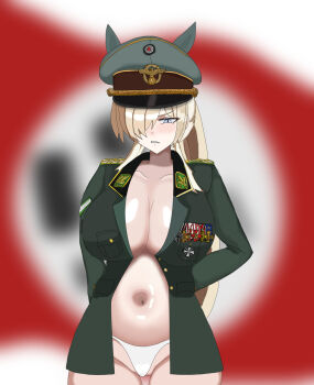 1girl animal_ears blonde_hair blue_archive blue_eyes blurry blurry_background breasts cross germany green_jacket hair_over_one_eye hat highres iron_cross jacket kanna_(blue_archive) keibu_sensei_(sbk) large_breasts medal military_hat military_uniform navel nazi non-web_source police sharp_teeth swastika teeth