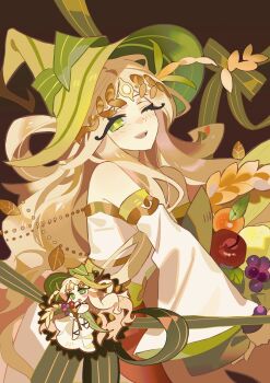 1girl ;d absurdres apple bare_shoulders blonde_hair brown_background cookie_run cookie_run:_witch's_castle cowboy_shot detached_sleeves dress first_grain_cookie food forehead_jewel fruit grapes green_eyes hair_over_shoulder hat highres holding holding_food humanization large_hat leaf long_hair looking_at_viewer one_eye_closed open_mouth orange_(fruit) shime52631 sidelocks simple_background smile solo standing strapless strapless_dress teeth tongue two-sided_fabric two-sided_headwear upper_teeth_only very_long_hair wheat white_dress white_sleeves wide_sleeves witch_hat yellow_hat yellow_pupils