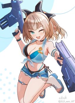 Rule 34 | absurdres, bikini, black ribbon, blonde hair, blue eyes, breasts, commentary request, gun, highres, holding, holding gun, holding weapon, kaze (starward), looking at viewer, official alternate costume, open mouth, osunahanko, ribbon, short hair, short shorts, shorts, smile, starward, swimsuit, weapon