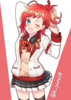 1girl ;d aran_sweater arm_behind_head asahina_akane_(nijisanji) black_thighhighs blue_eyes bow bowtie cable_knit commentary_request cowboy_shot highres nijisanji one_eye_closed open_mouth pale_skin pink_nails plaid_bow plaid_bowtie plaid_clothes pleated_skirt ponytail red_background sakura_yuto skirt smile solo sweater thighhighs twitter_username v-shaped_eyebrows