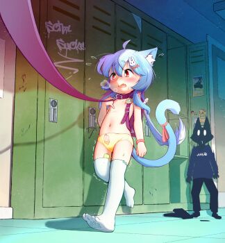 1girl 1other aas_(pixiv_3382255) ahoge animal_ear_fluff animal_ears animal_nose backpack bag bandaid bandaid_on_face bandaid_on_nose belt_collar blue_hair blush bow bow_legwear breath collar fang flat_chest flute graffiti green_bow hair_between_eyes hair_ornament hair_over_shoulder hand_up highres indoors instrument leash locker loli long_hair multicolored_hair navel nipples no_shoes open_mouth original panties paw_print_soles print_panties public_indecency purple_bag purple_collar purple_hair rabbit_hair_ornament randoseru recorder red_eyes red_ribbon remote_control_vibrator ribbon school school_bag sex_toy sidelocks signature sweat tail tail_ornament tail_raised tail_ribbon thighhighs topless_female trembling two-tone_hair underwear underwear_only vibrator vibrator_in_thighhighs walking wavy_mouth white_thighhighs wristband x_hair_ornament ych_commission yellow_panties