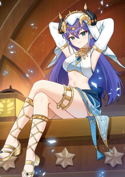 1girl absurdres alternate_costume armpits arms_behind_back arms_up breasts commission cosplay crossed_legs dancer fake_horns genshin_impact gold_thighlet green_eyes hair_between_eyes hair_ornament harem_outfit highres horns jewelry light_blush medium_breasts nassss navel nilou_(genshin_impact) nilou_(genshin_impact)_(cosplay) purple_eyes second-party_source serena_(yu-gi-oh!) sitting solo stomach thighlet veil white_sleeves white_veil yu-gi-oh! yu-gi-oh!_arc-v