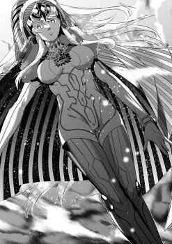 1girl bodysuit breasts cape cleavage_cutout clothing_cutout fate/grand_order fate_(series) greyscale helmet highres iz_(izit_unk) kukulkan_(fate) kukulkan_(third_ascension)_(fate) large_breasts long_hair looking_at_viewer monochrome solo very_long_hair